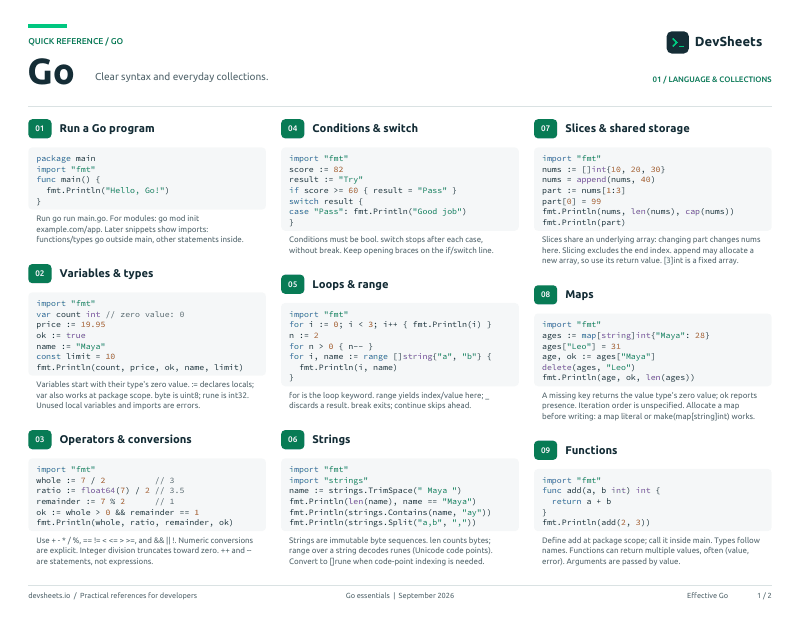 First page of the Go PDF cheat sheet