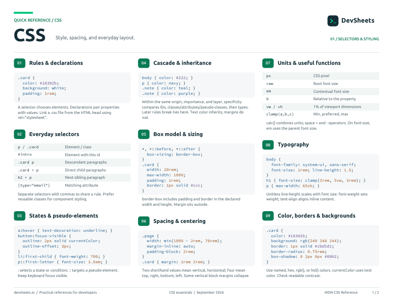 First page of the CSS PDF cheat sheet