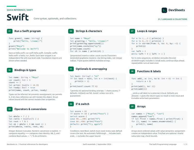 First page of the Swift PDF cheat sheet